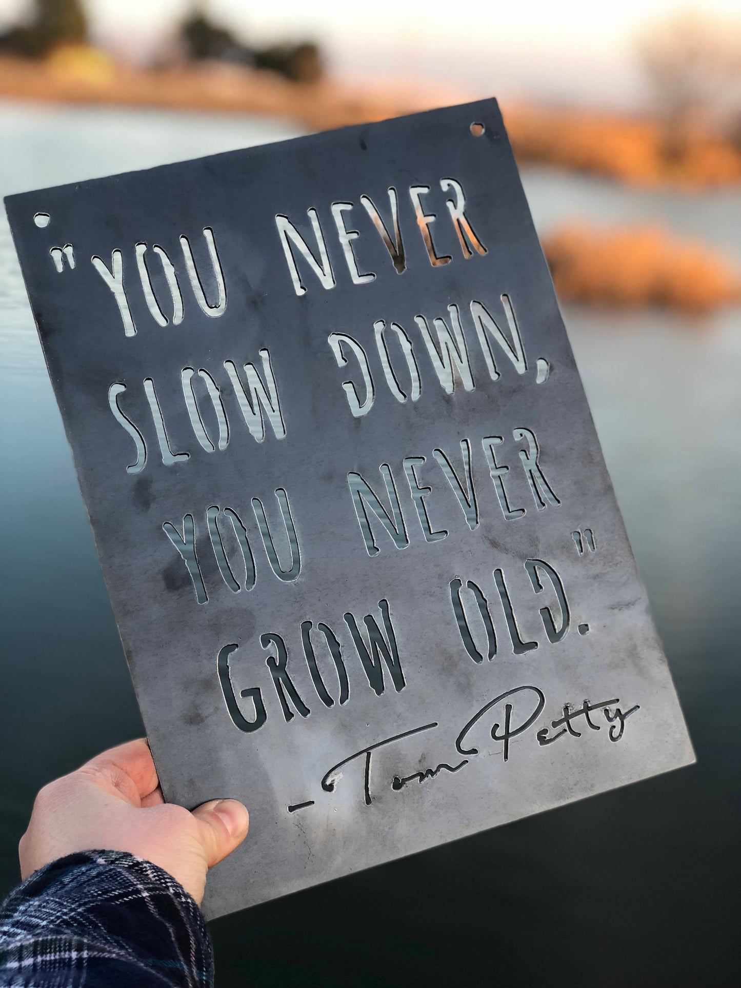 You Never Slow Down, You Never Grow Old." -Tom Petty Small Rectangular Metal Sign