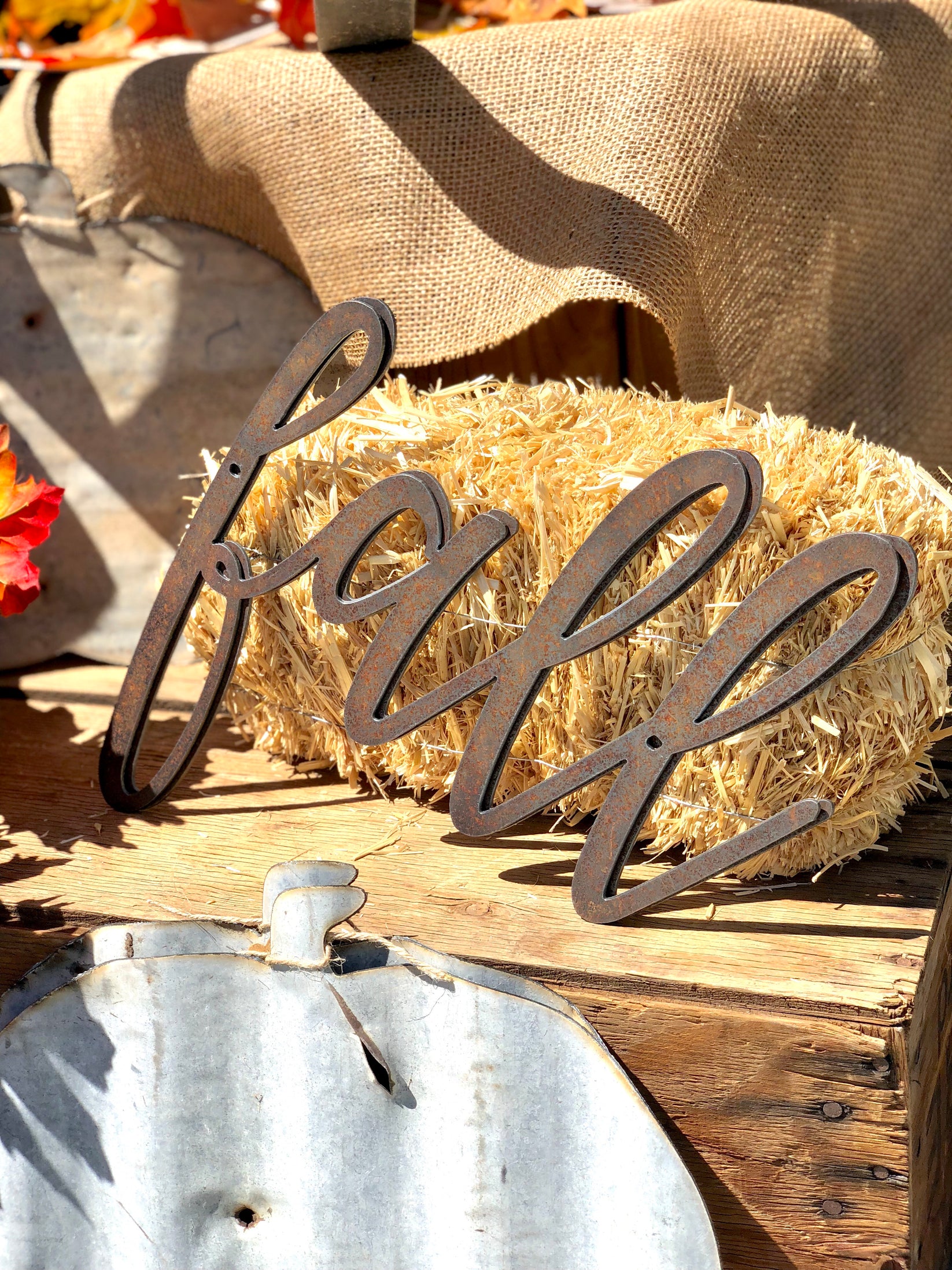 Fall themed script word metal sign – Twisselman Trading Co